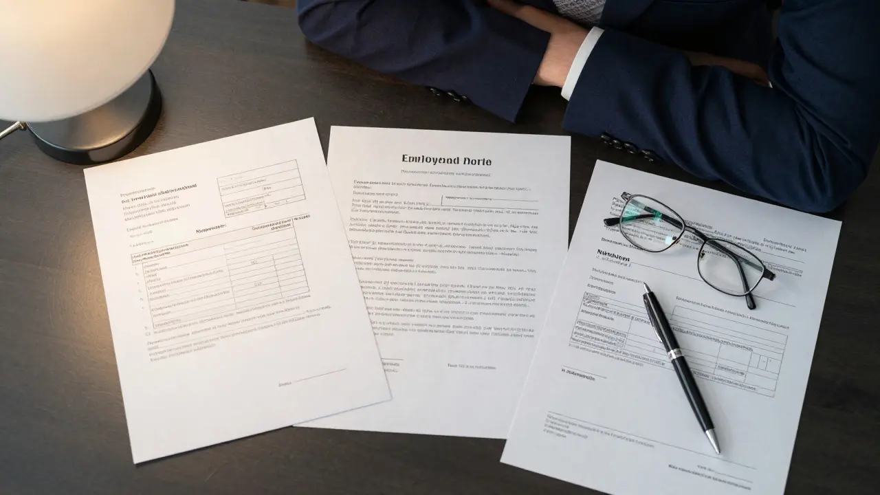 Documentos de solvencia, como nóminas y contrato laboral, sobre un escritorio organizado.