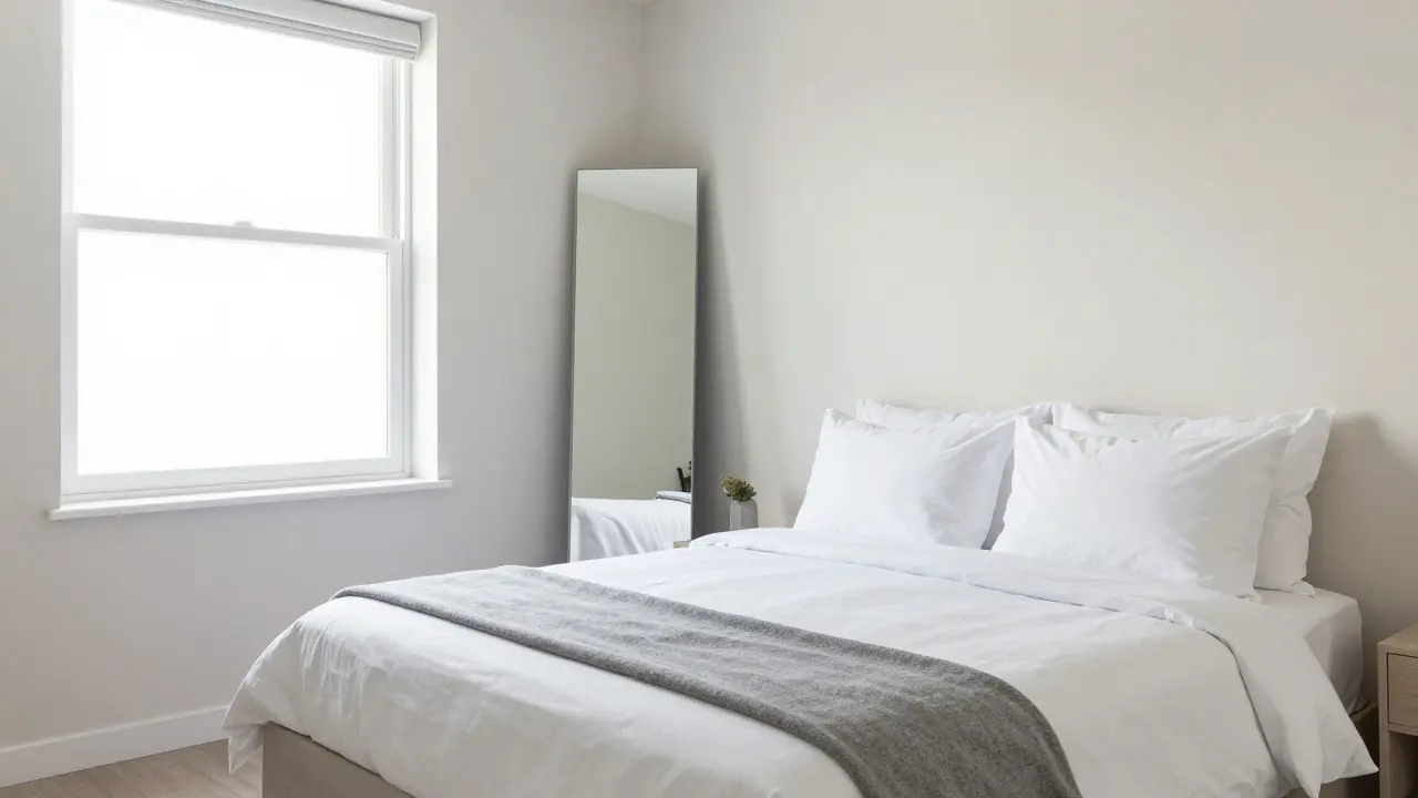 Dormitorio minimalista con sábanas blancas y un espejo que amplía la luz natural del espacio.