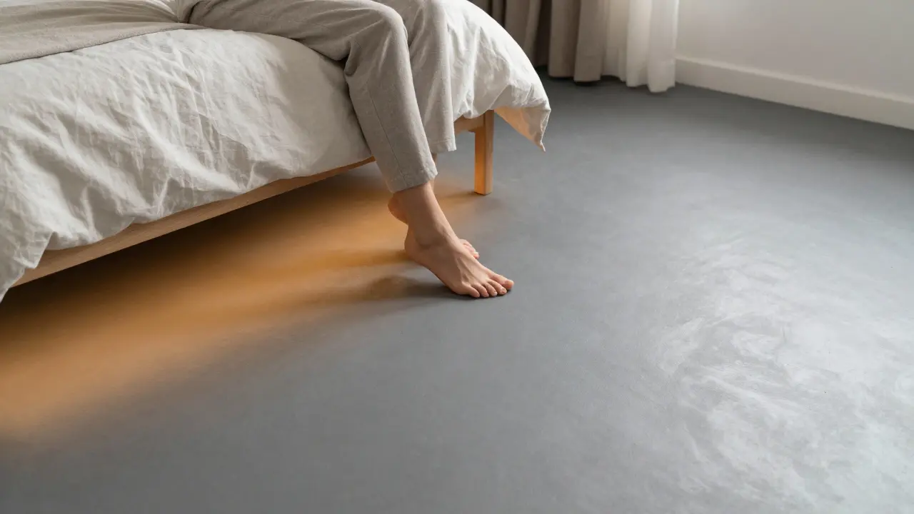 Dormitorio minimalista con suelo de microcemento gris oscuro y sistema de calefacción radiante.