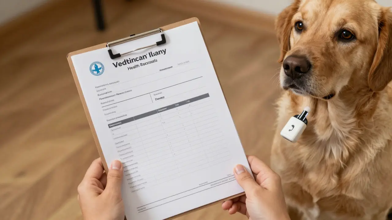 Dueño revisando la cartilla veterinaria de su perro para asegurar la cobertura.