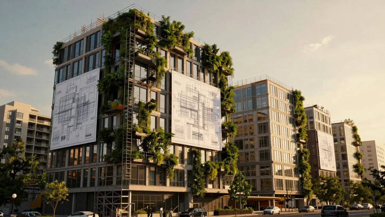 Edificio de oficinas antiguo siendo transformado en viviendas modernas verdes.