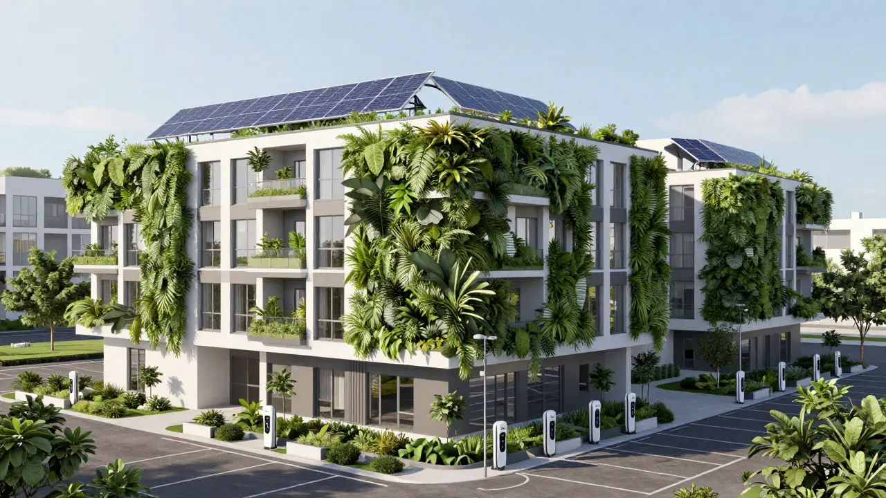 Edificio sustentable con paneles solares, jardín vertical y cargadores eléctricos.