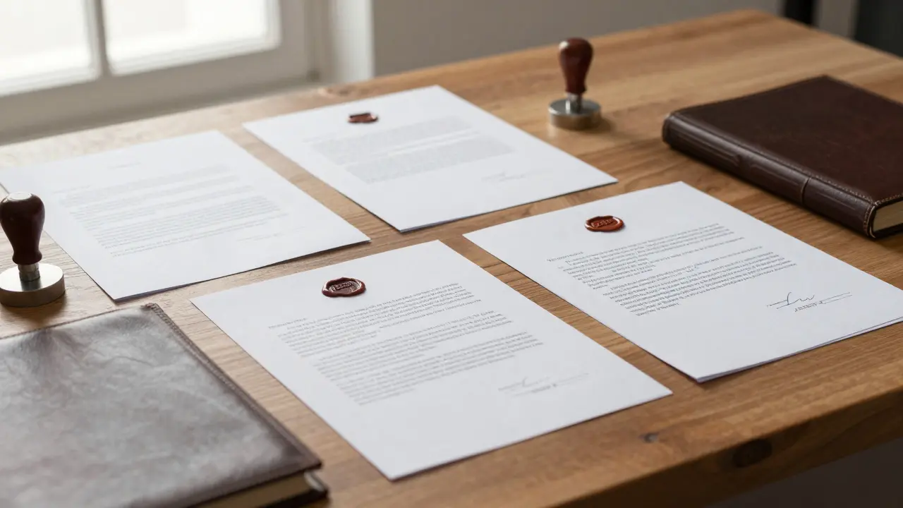 Escritorio de notario con documentos y sellos oficiales