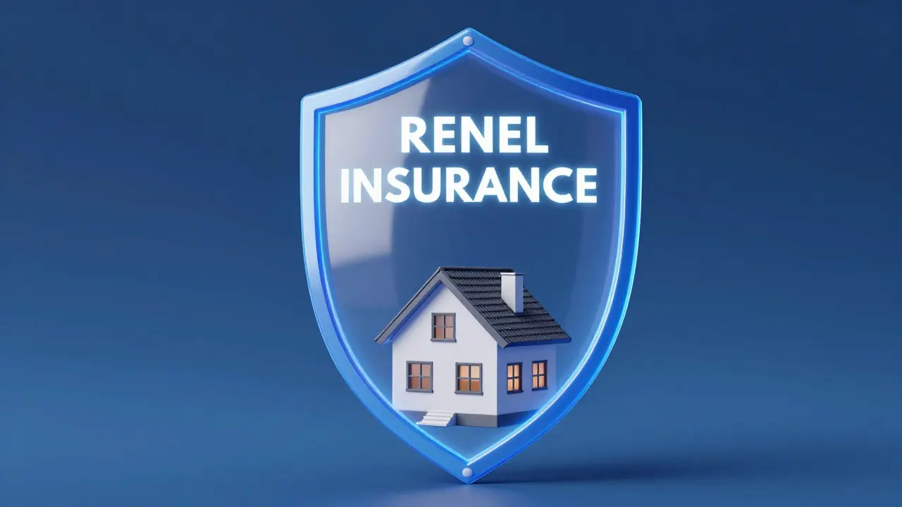 Escudo protector azul sobre una casa pequeña representando el seguro de impago de alquiler.