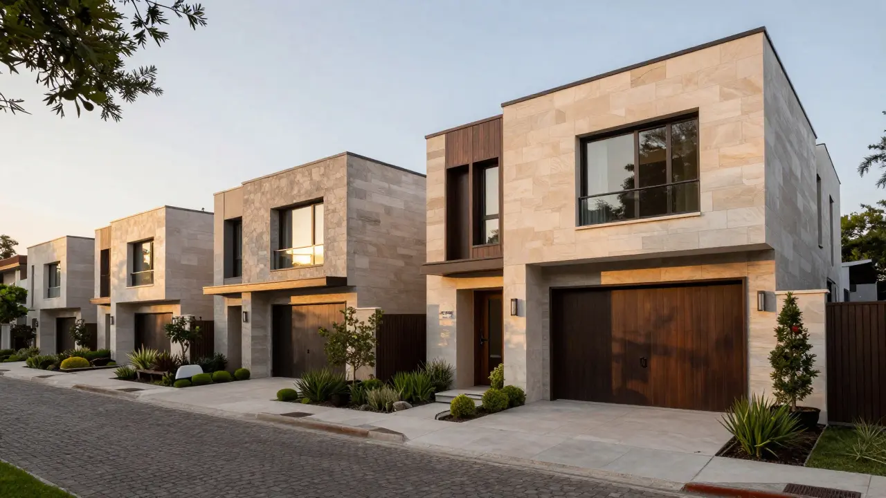 Fila de townhouses exclusivos con fachadas modernas y jardines privados.