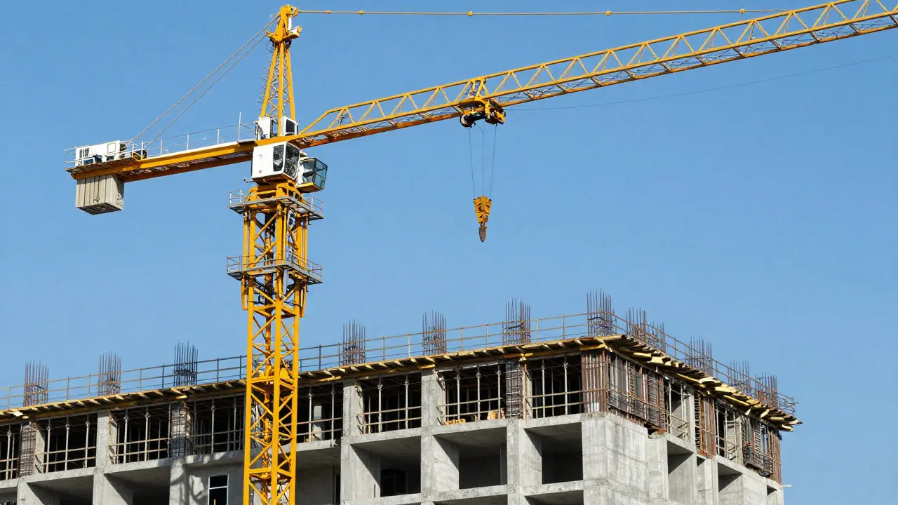 Grúa de construcción trabajando en un nuevo edificio residencial en una zona urbana.