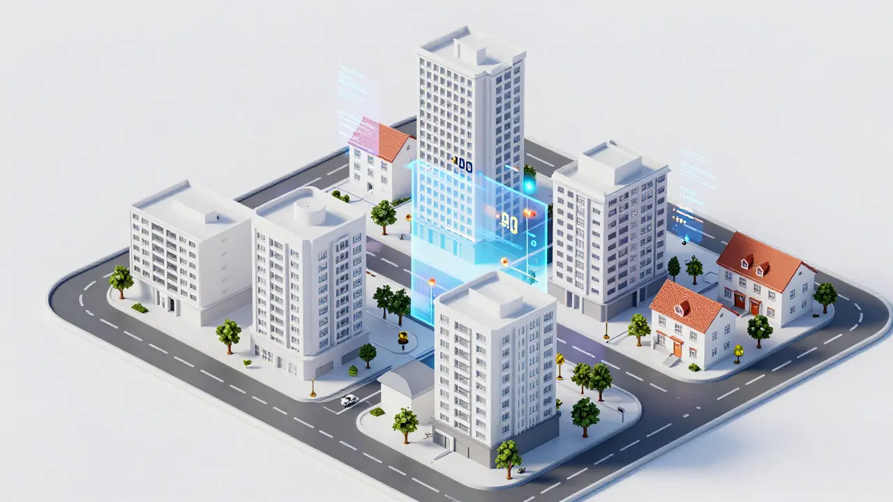 Ilustración 3D de un barrio con capas de datos holográficos y servicios.