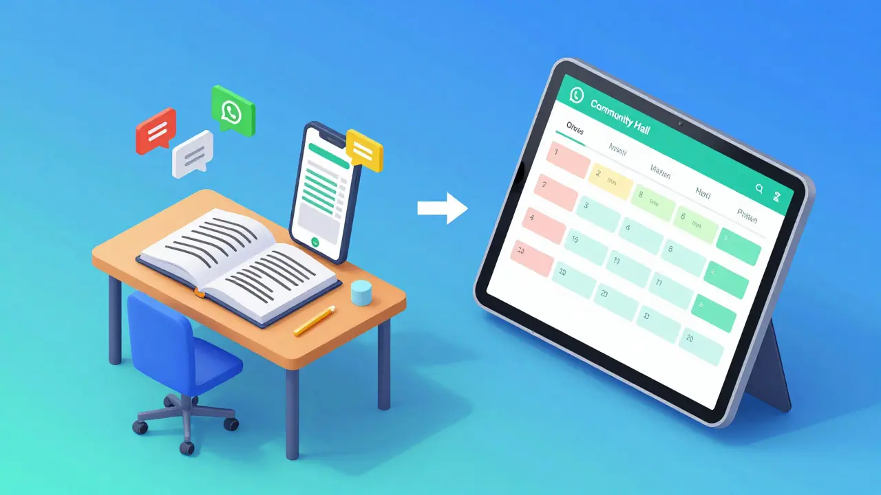 Ilustración de la transición de agenda de papel a calendario digital.