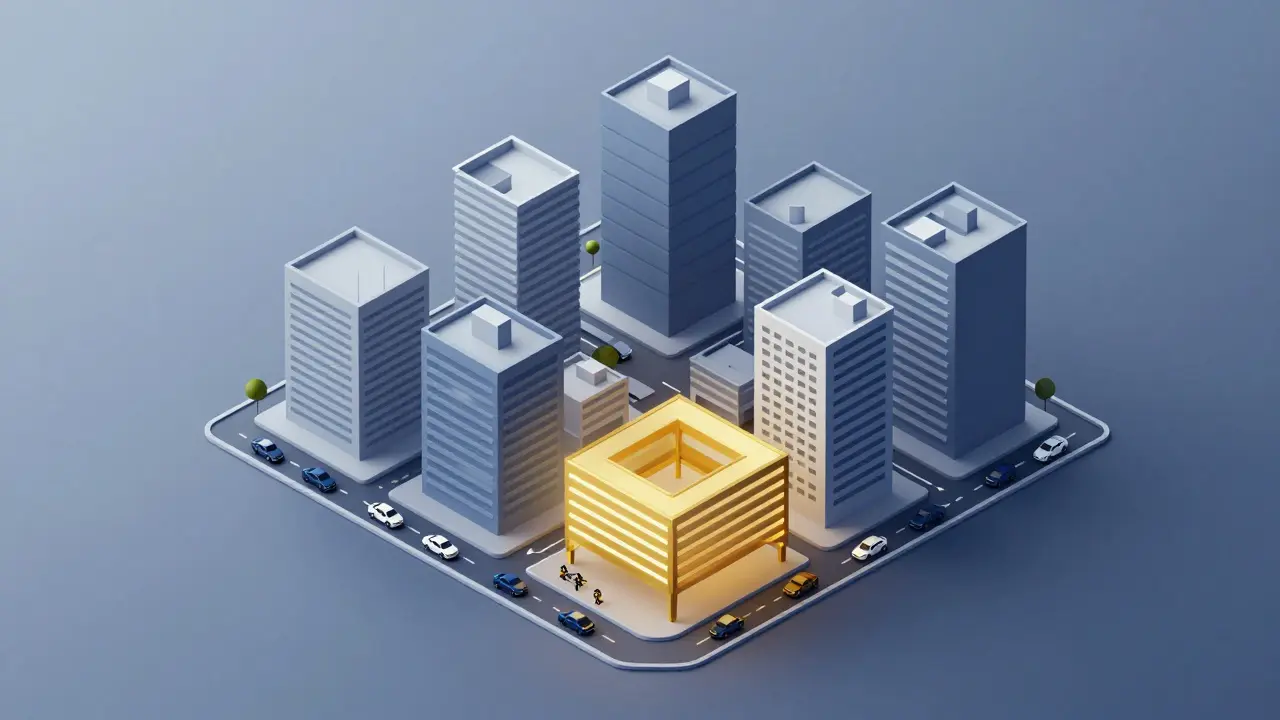 Ilustración isométrica de una zona urbana densa con un estacionamiento resaltado en dorado.