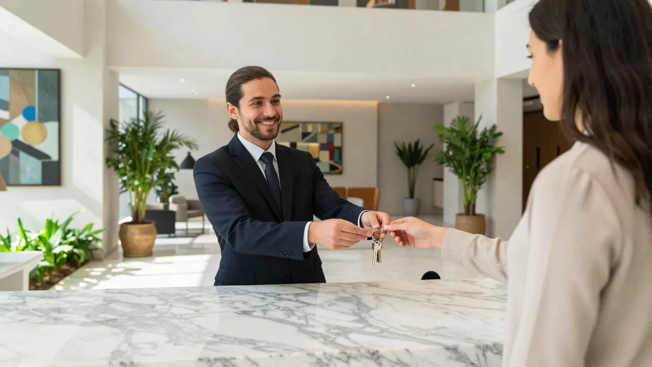Interacción profesional entre un concierge y un residente en el lobby de un edificio premium