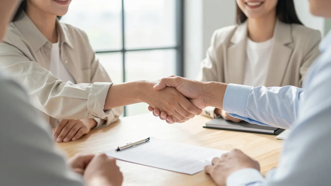 Pareja estrechando la mano de un notario tras firmar la compra de su casa.