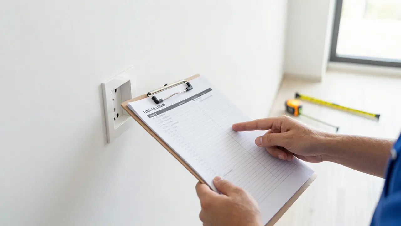 Persona realizando una inspección técnica con checklist en un departamento nuevo.