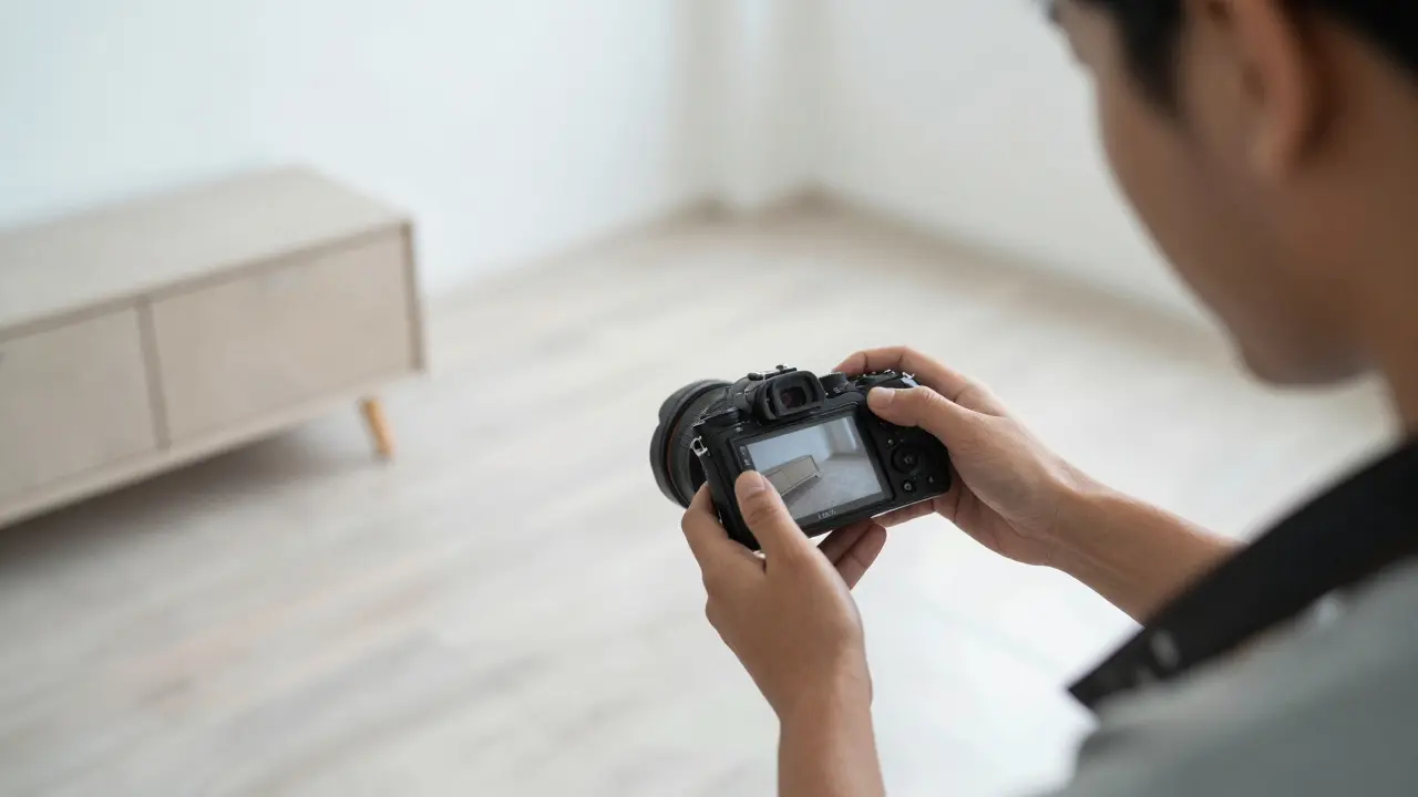 Persona tomando fotografías de un departamento para el inventario de alquiler.