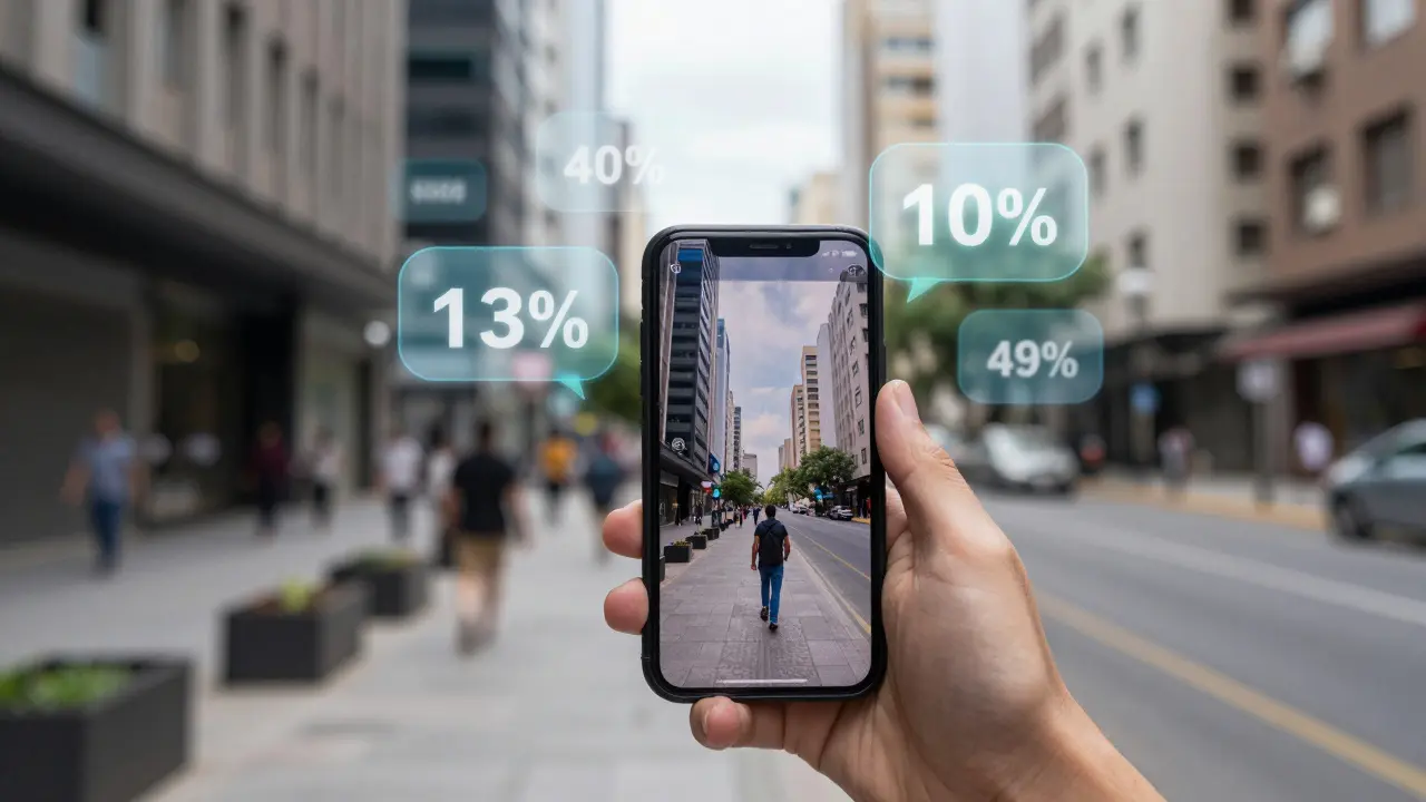 Persona usando realidad aumentada para ver precios de edificios en la calle.