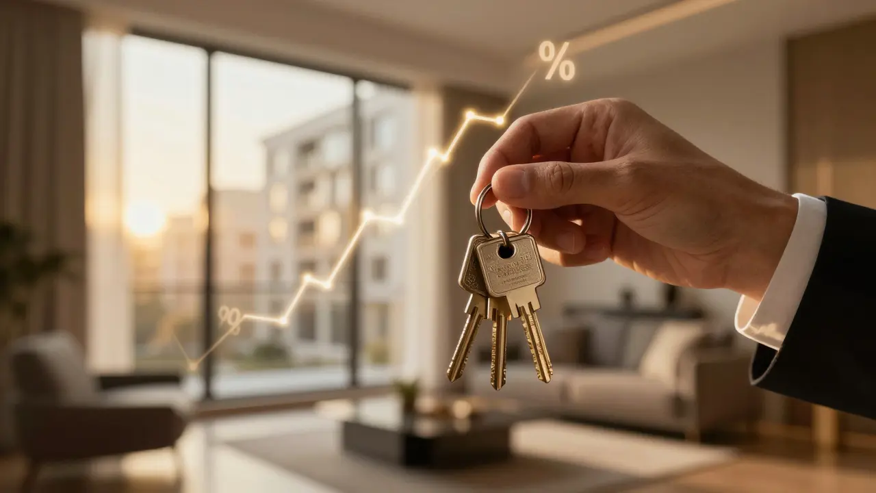 Primer plano de llaves de departamento con elementos abstractos que sugieren rentabilidad financiera.