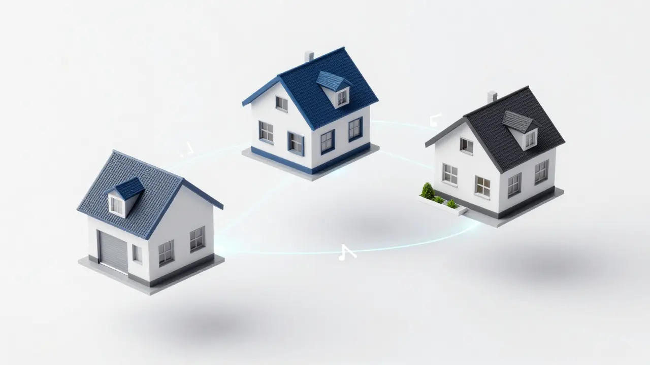 Representación conceptual de tres casas similares siendo comparadas técnicamente.