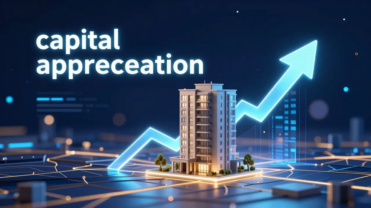 Representación conceptual de un edificio sobre una flecha de crecimiento financiero ascendente.