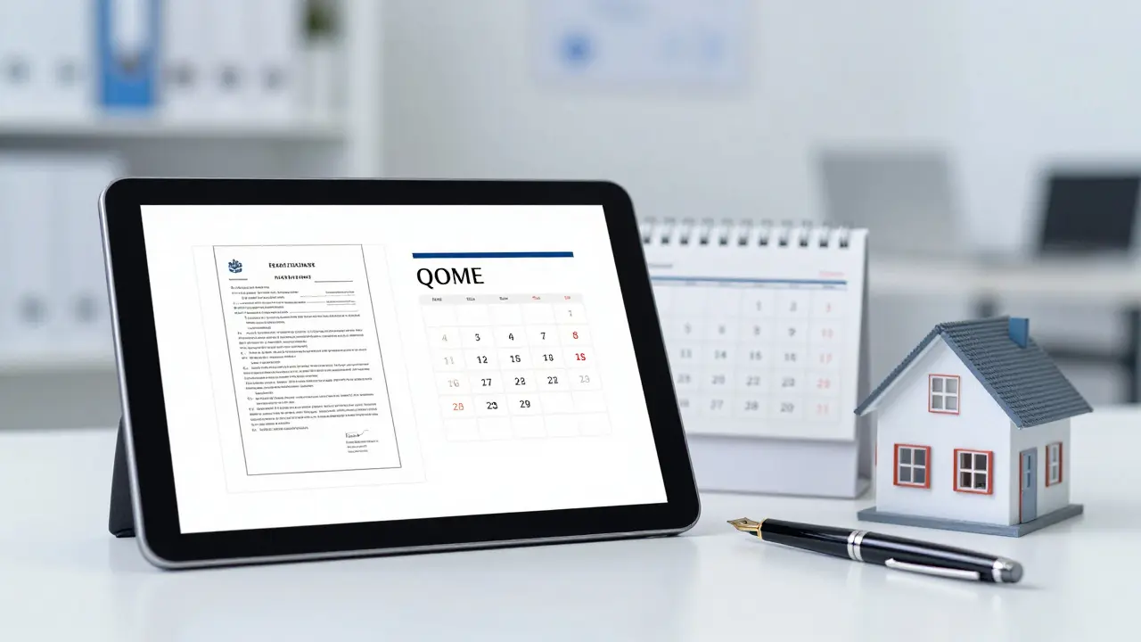 Tablet con documentos legales y un calendario organizando la venta de una propiedad.