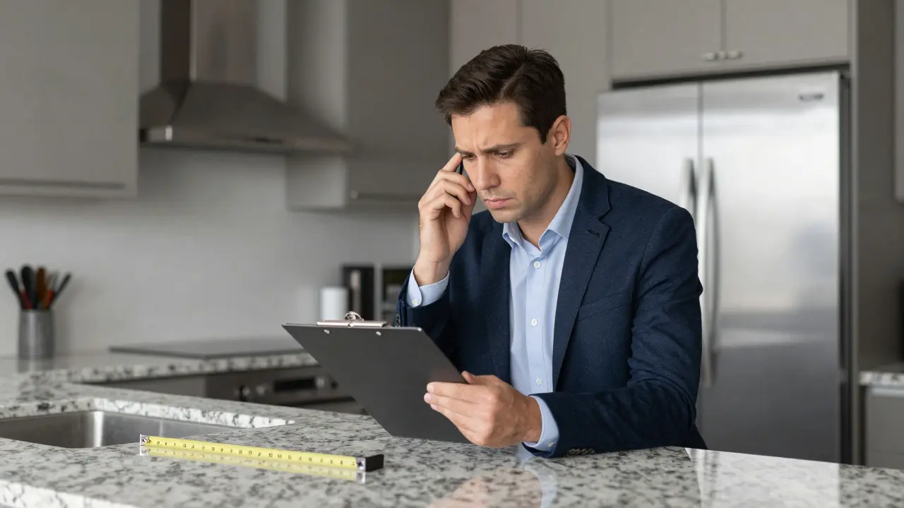 Tasador profesional inspeccionando los acabados de una cocina moderna.