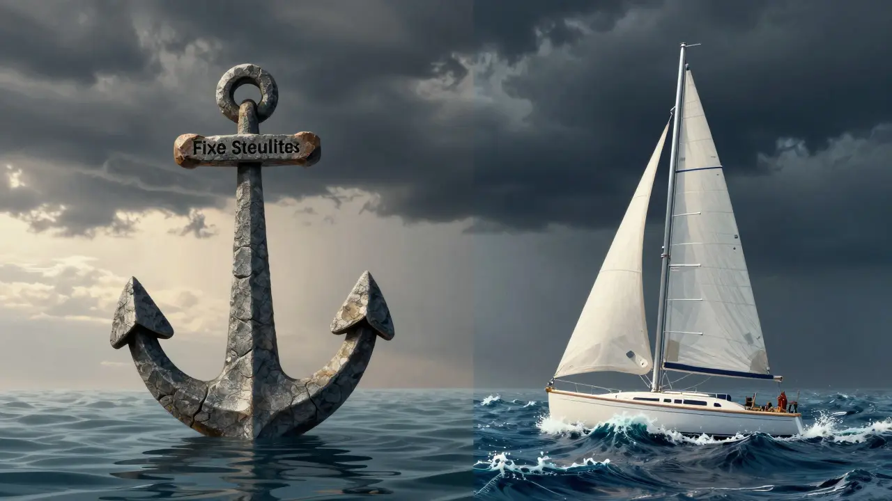 Ancla vs barco en tormenta simbolizando tasas fijas y variables