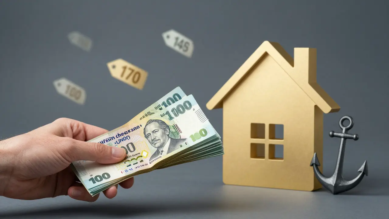 Arte conceptual de billos argentinos encogiéndose cerca de una casa por inflación.