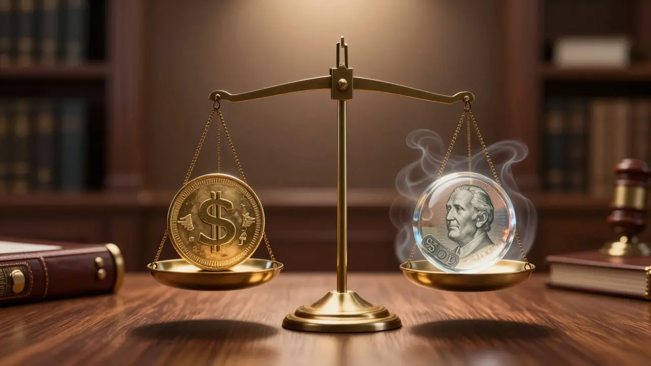 Balanza conceptual con monedas de dólar y peso argentino simbolizando estabilidad
