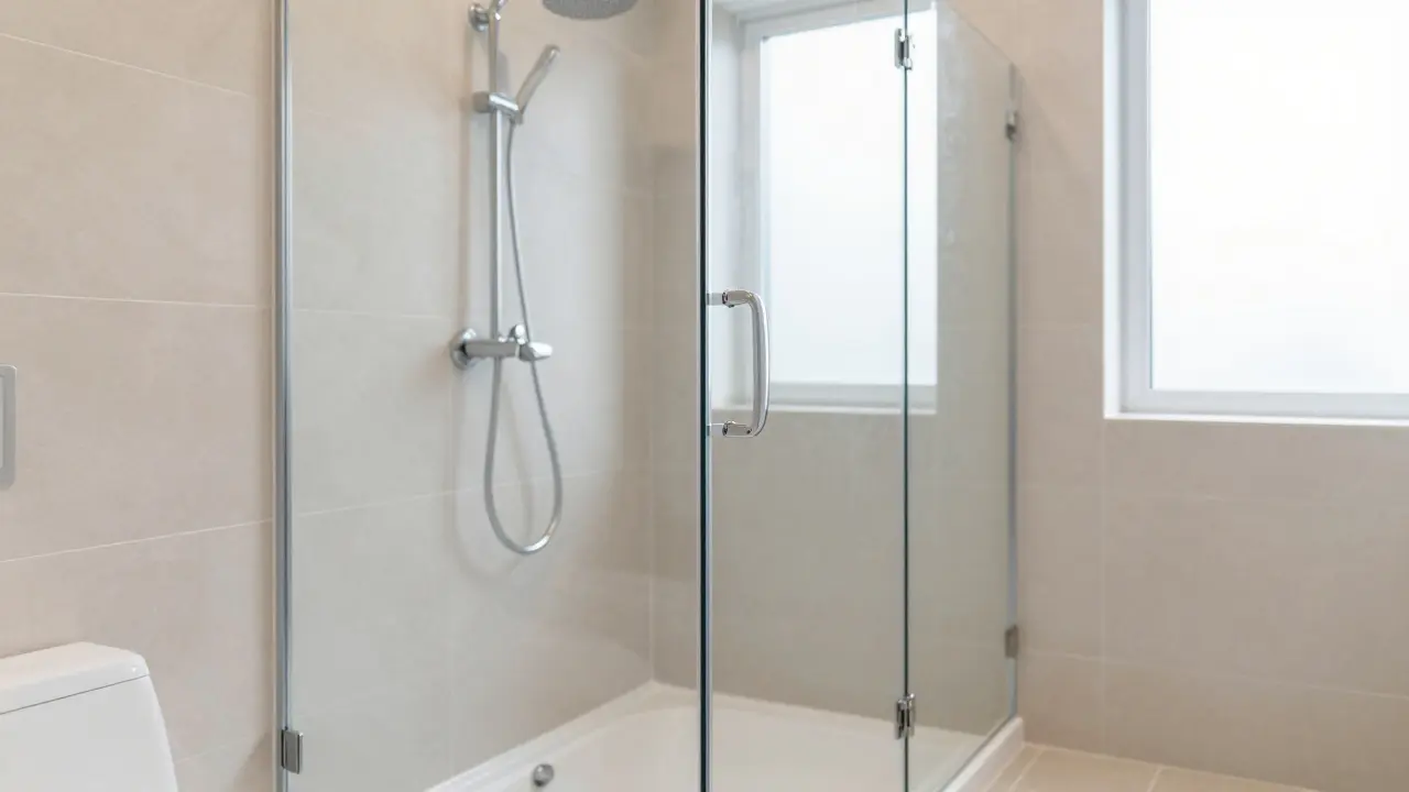 Baño renovado con ducha de vidrio templado y tonos neutros