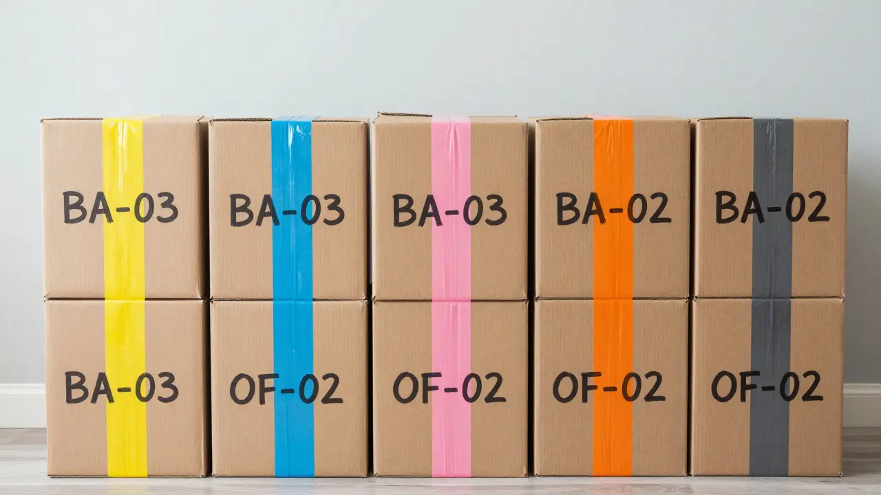 Cajas de mudanza organizadas con cintas de colores por habitación
