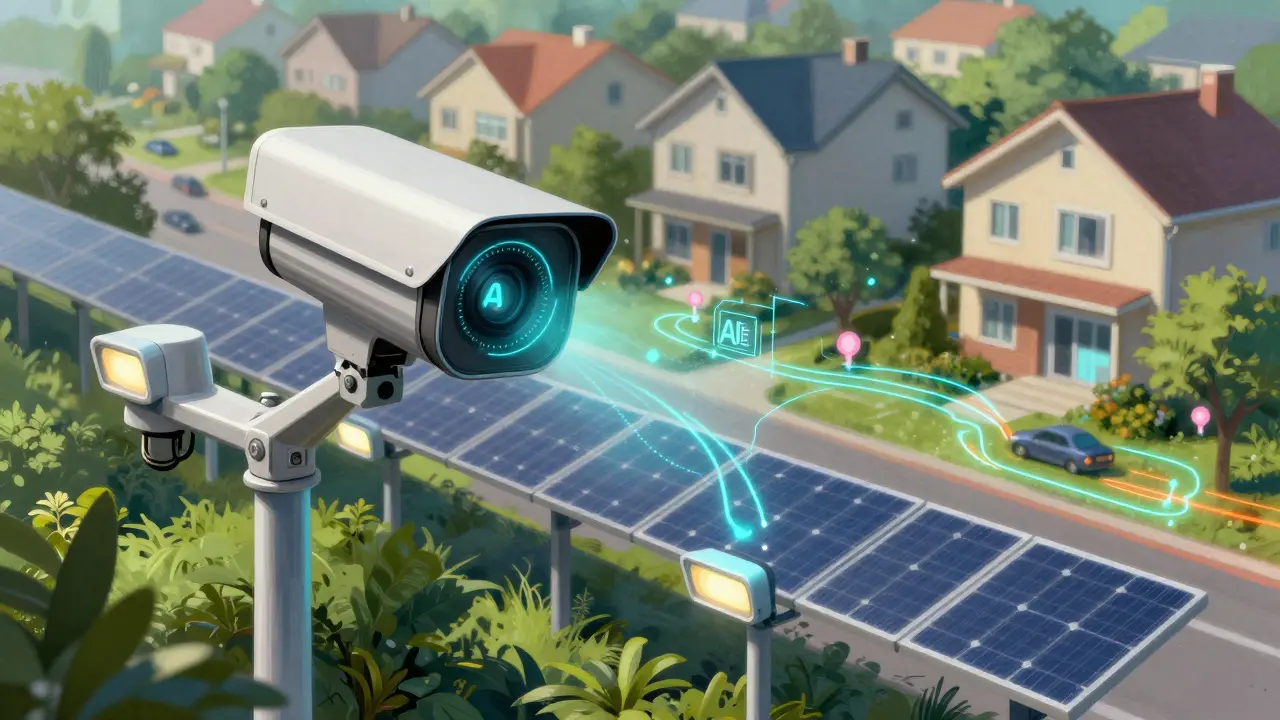 Cámara de seguridad con IA y paneles solares en un entorno residencial sostenible