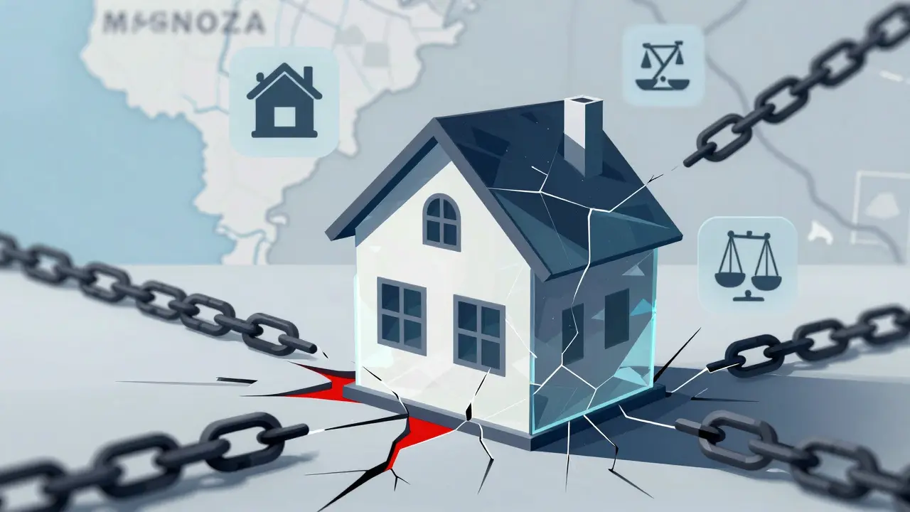 Casa de vidrio agrietada por cadenas oscuras que representan hipotecas y riesgos legales ocultos.