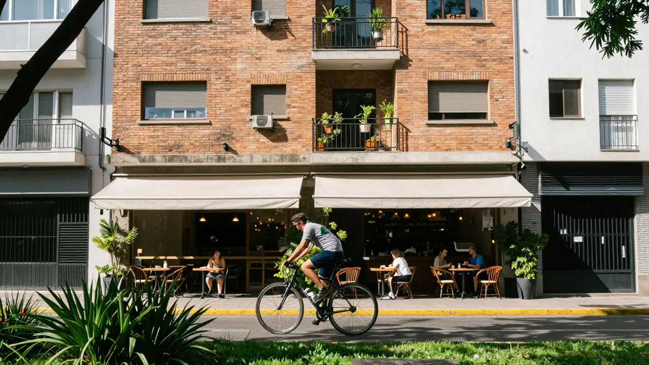 Ciclista pasando por una cafetería en el barrio renovado