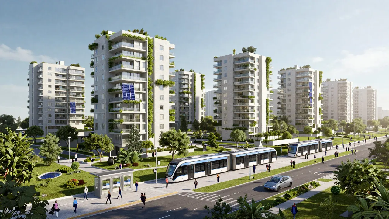 Ciudad inteligente sostenible con transporte público y zonas verdes