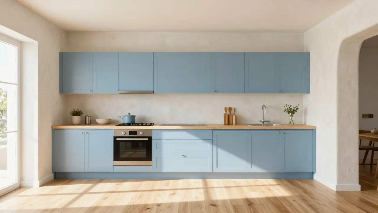 Cocina luminosa con paredes blanco encalado y gabinetes azul petróleo