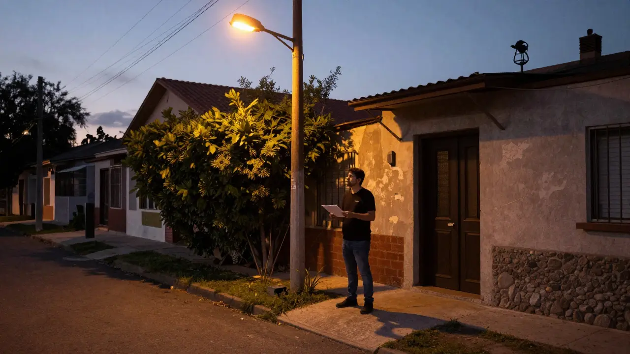 Comprador revisando el entorno de una calle residencial al atardecer