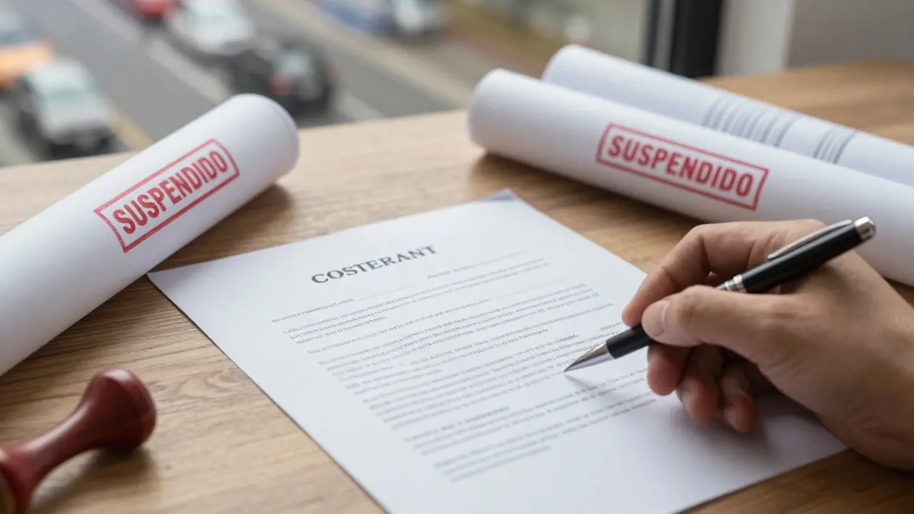 Contrato de obra suspendido sobre escritorio con planos