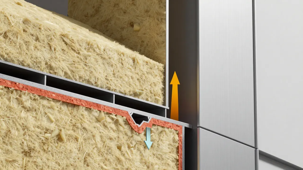Corte transversal técnico de una fachada ventilada con capa de aire y aislante