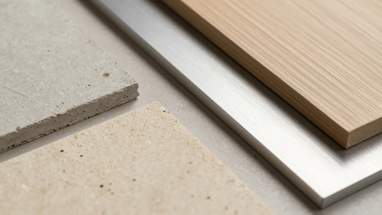 Detalle cercano de materiales de revestimiento como piedra, aluminio y hormigón