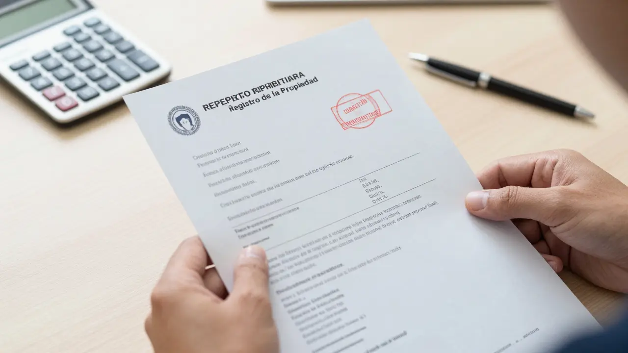 Documentos oficiales del Registro de la Propiedad y recibo bancario sobre un escritorio limpio.