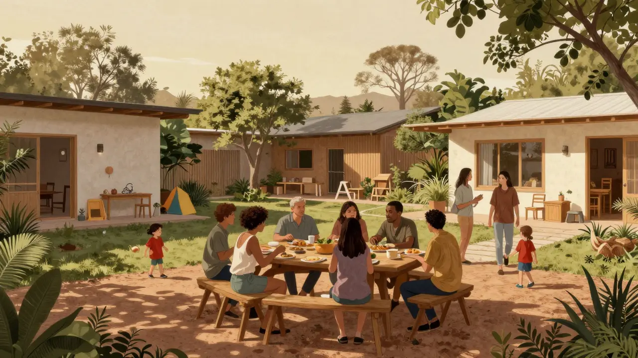 Familias compartiendo comida en el patio de una comunidad cohousing