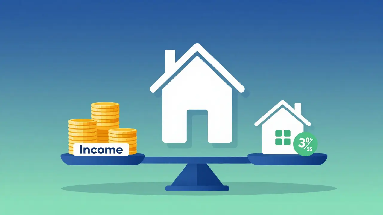 Ilustración conceptual de una balanza con casa y monedas simbolizando endeudamiento