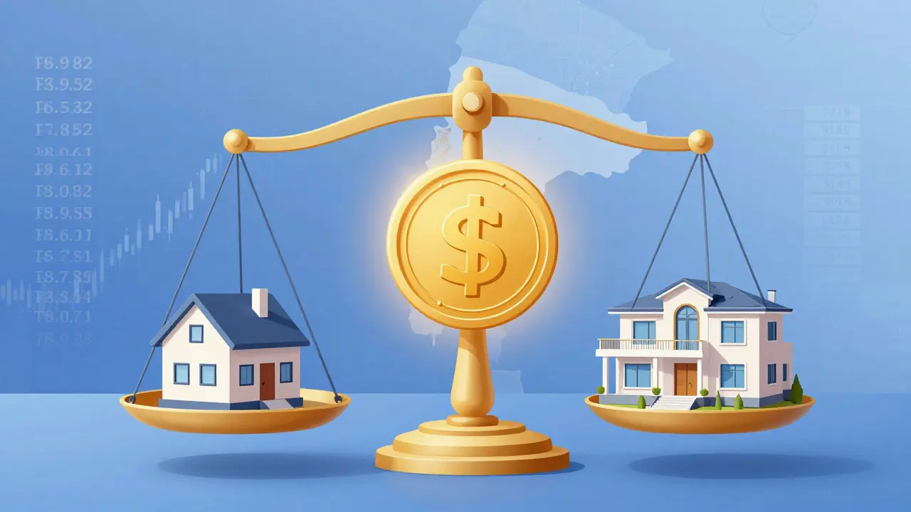 Ilustración conceptual de una balanza financiera entre dos casas diferentes