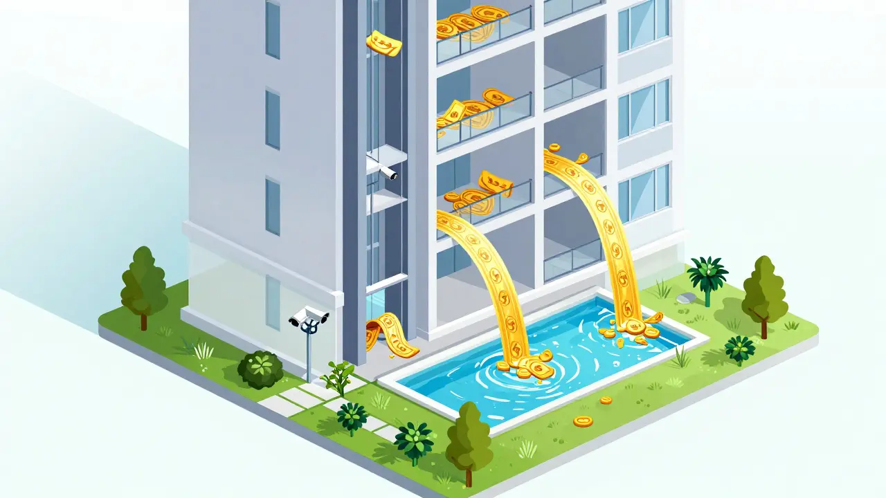 Ilustración conceptual que muestra cómo las expensas financian ascensores, pileta y seguridad del edificio