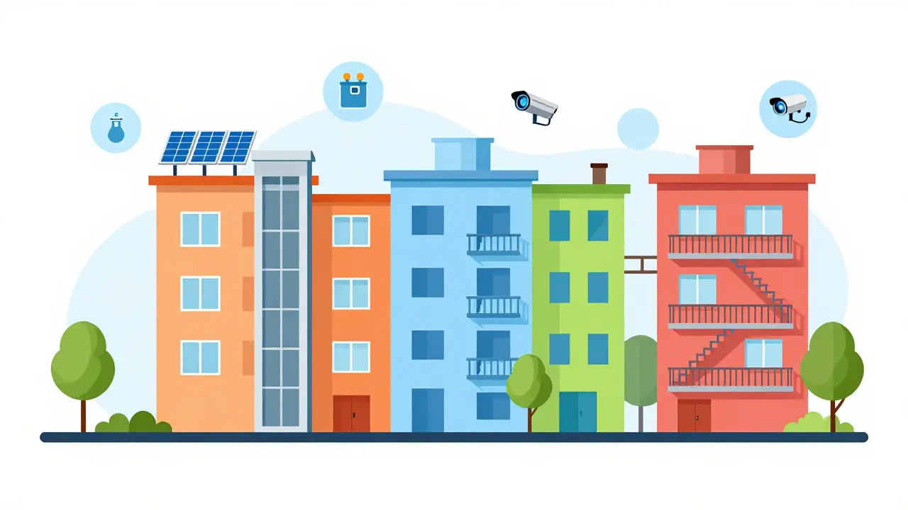 Ilustración de edificio con medidas de ahorro energético