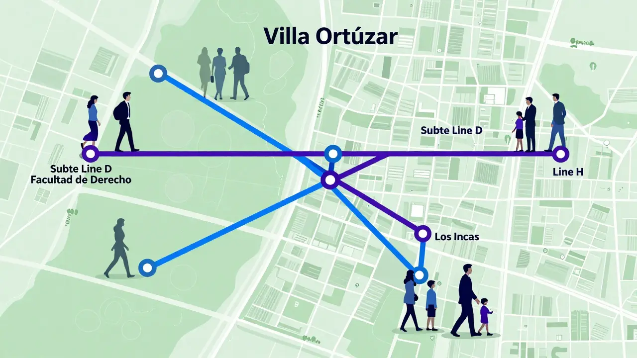 Ilustración de las líneas de subte D y H conectando Villa Ortúzar