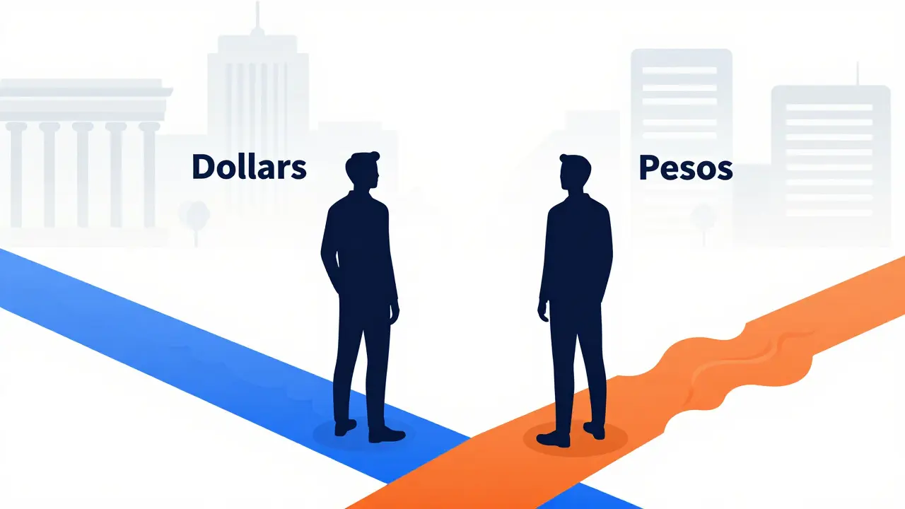 Ilustración minimalista de dos caminos representando la elección entre dólares y pesos