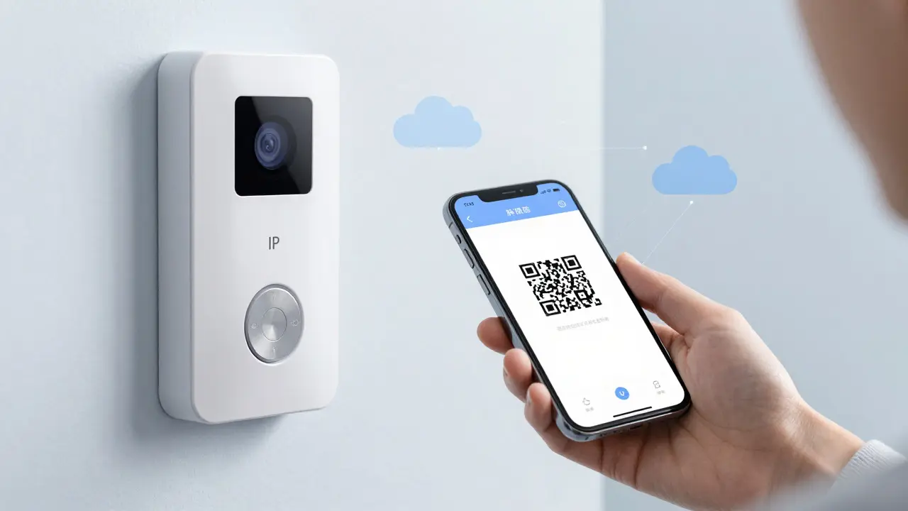 Mano usando app móvil con código QR junto a un videoteléfono IP para control de acceso