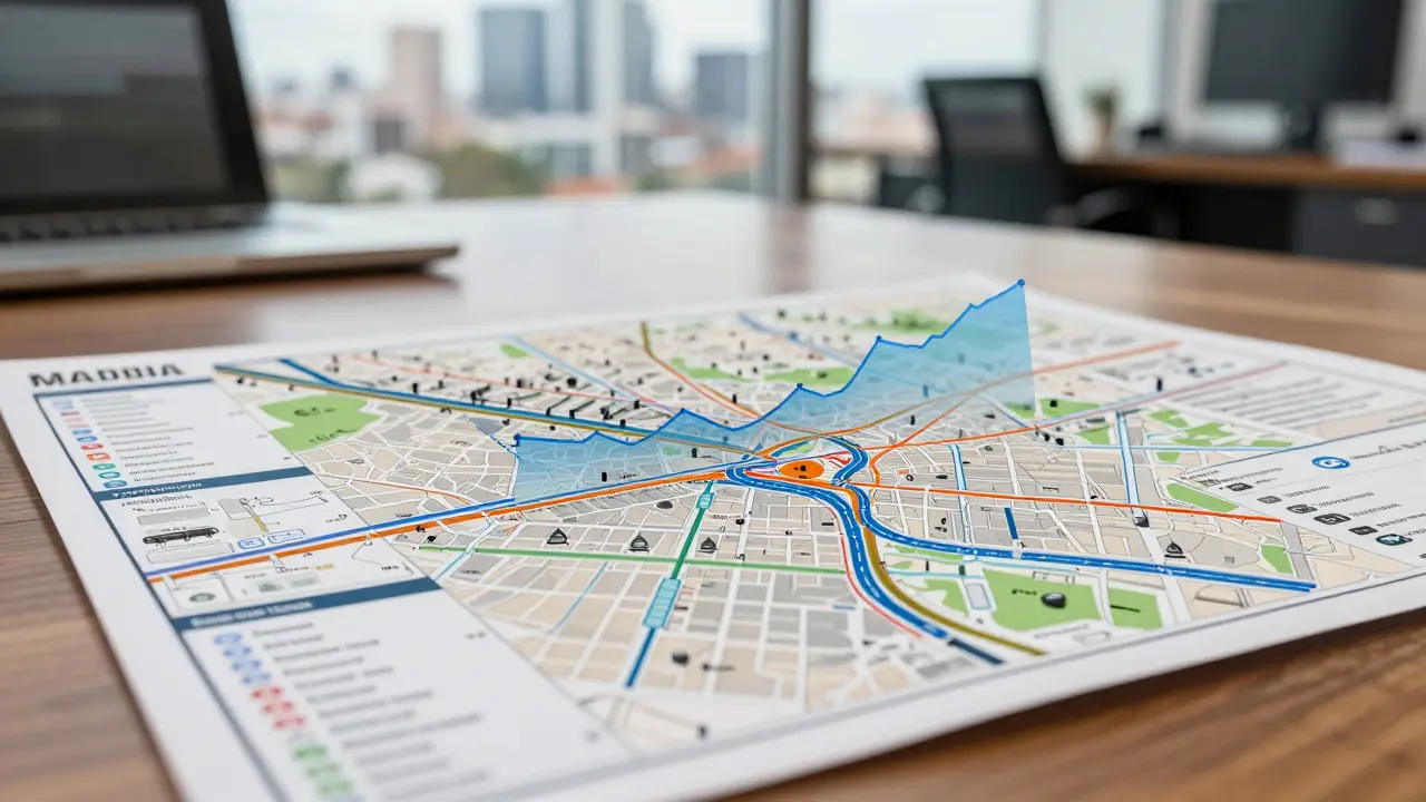 Mapa urbano con datos de infraestructura y tendencias de valorización