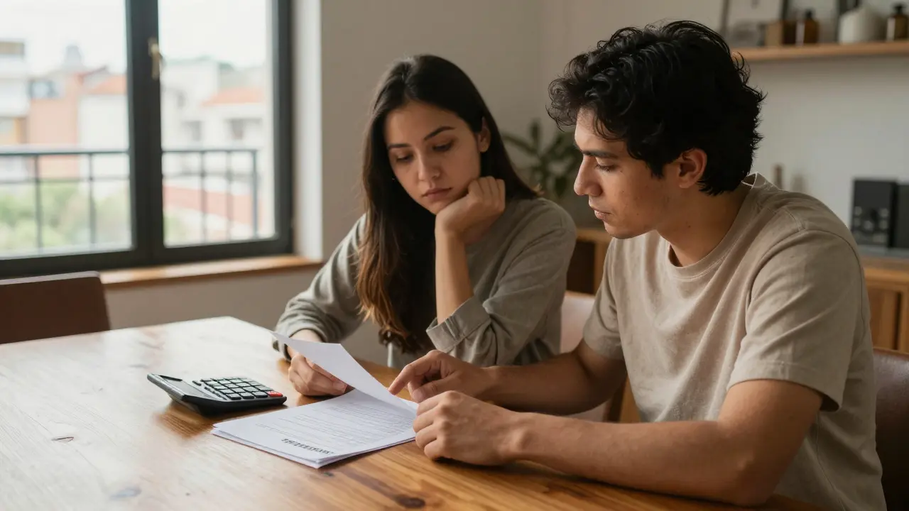 Pareja revisando documentos hipotecarios en una mesa con luz natural cálida.