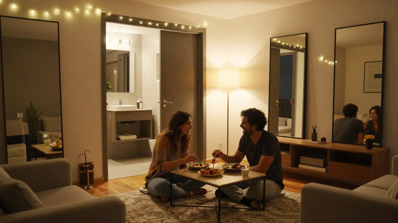Pareza joven disfrutando de una cena íntima en su acogedor apartamento compacto
