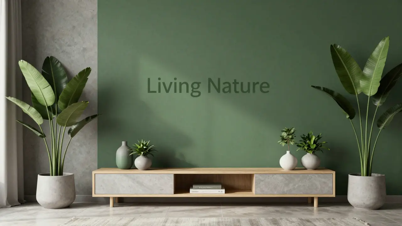 Sala de estar moderna con pared verde musgo y detalles en gris piedra